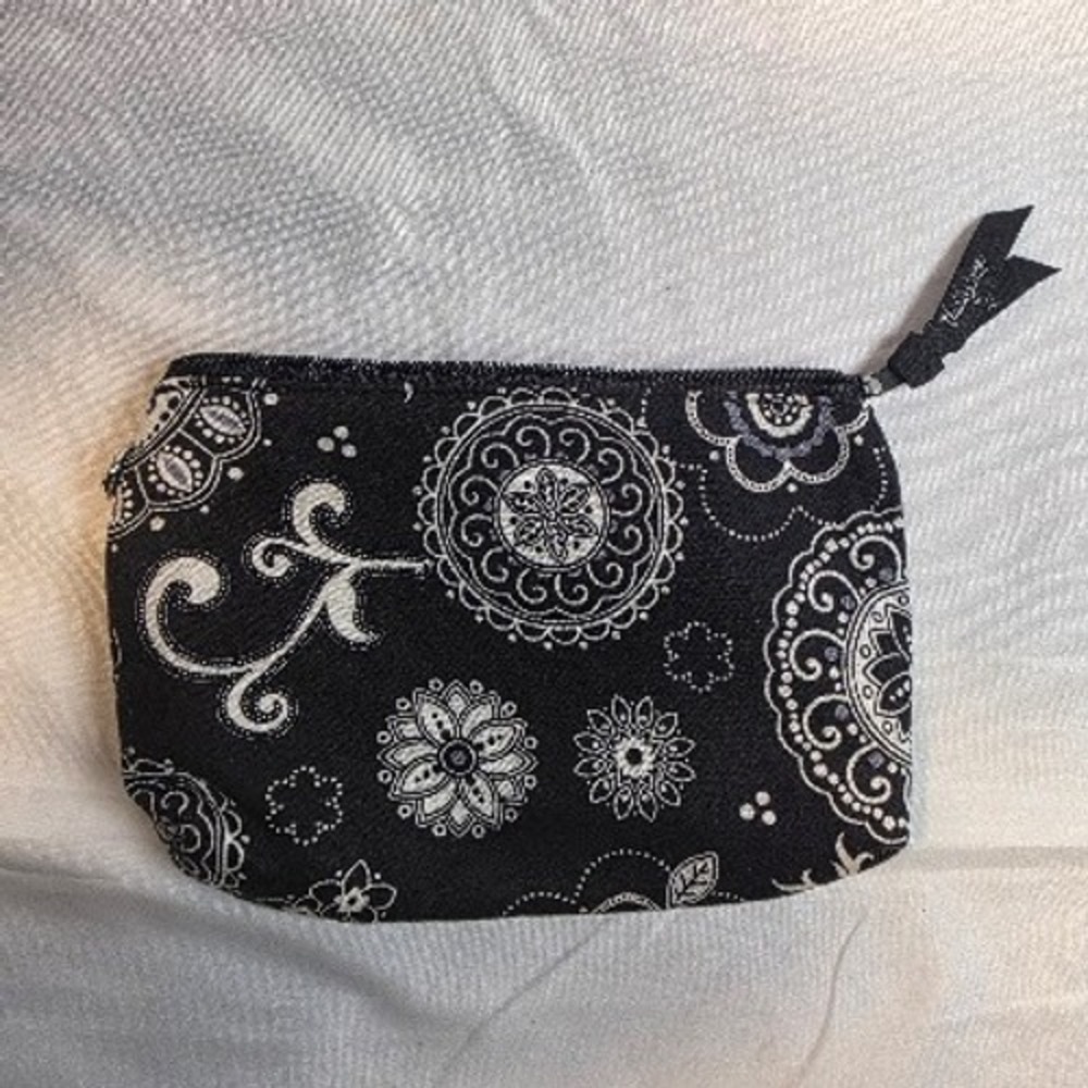 Thirty One Black White Medallion Floral Zipper Pouch Makeup Bag Striped Lining